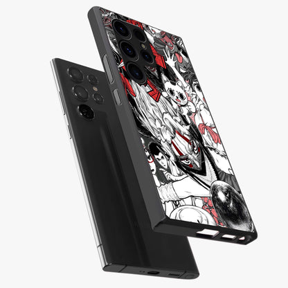 Crimson Chaos Panel Glass Case displayed in angled mockup highlighting chaotic panel style design with modern graphic theme.
