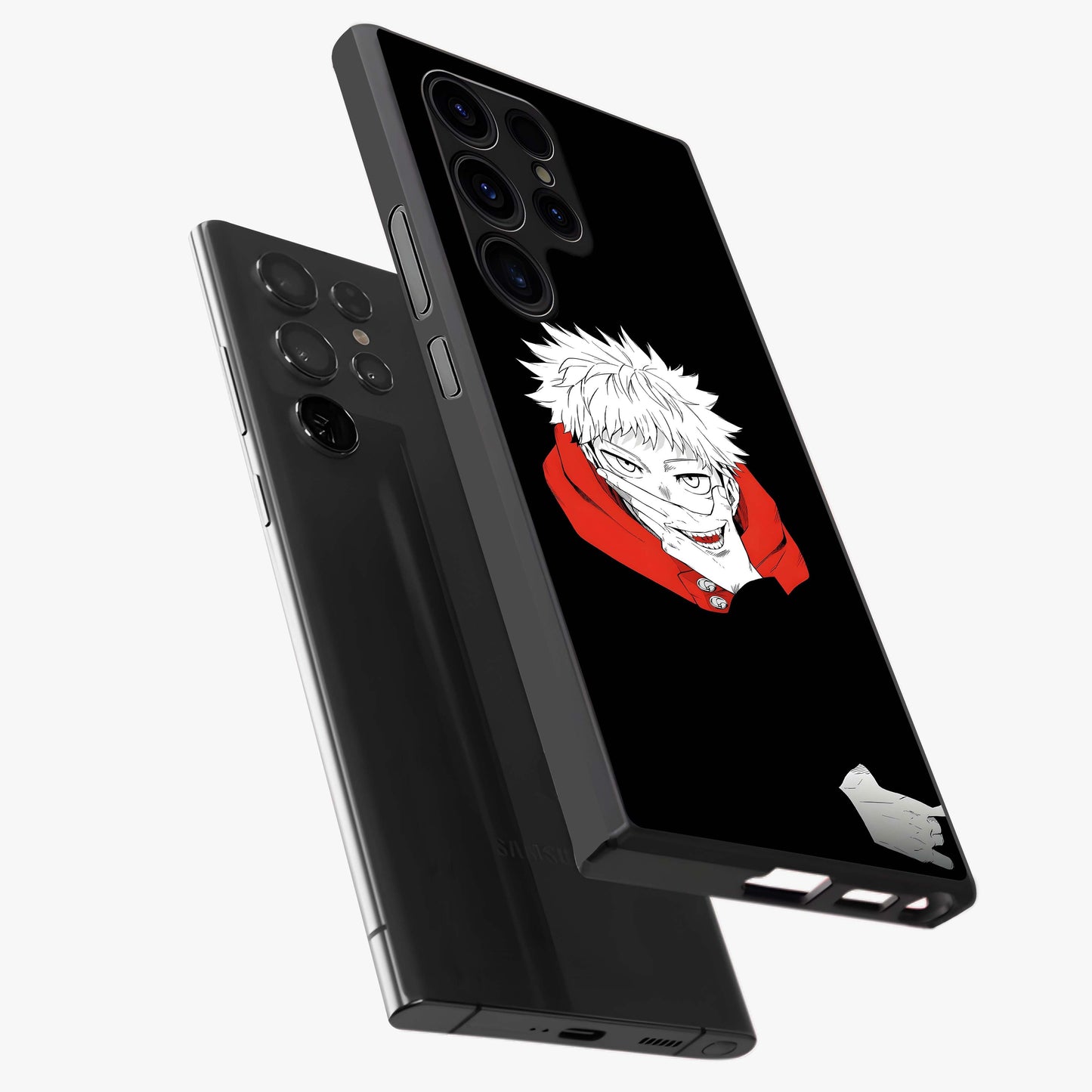 Crimson Chaos Smile Glass Case displayed in angled mockup highlighting edgy crimson smile design with graphic aesthetic.