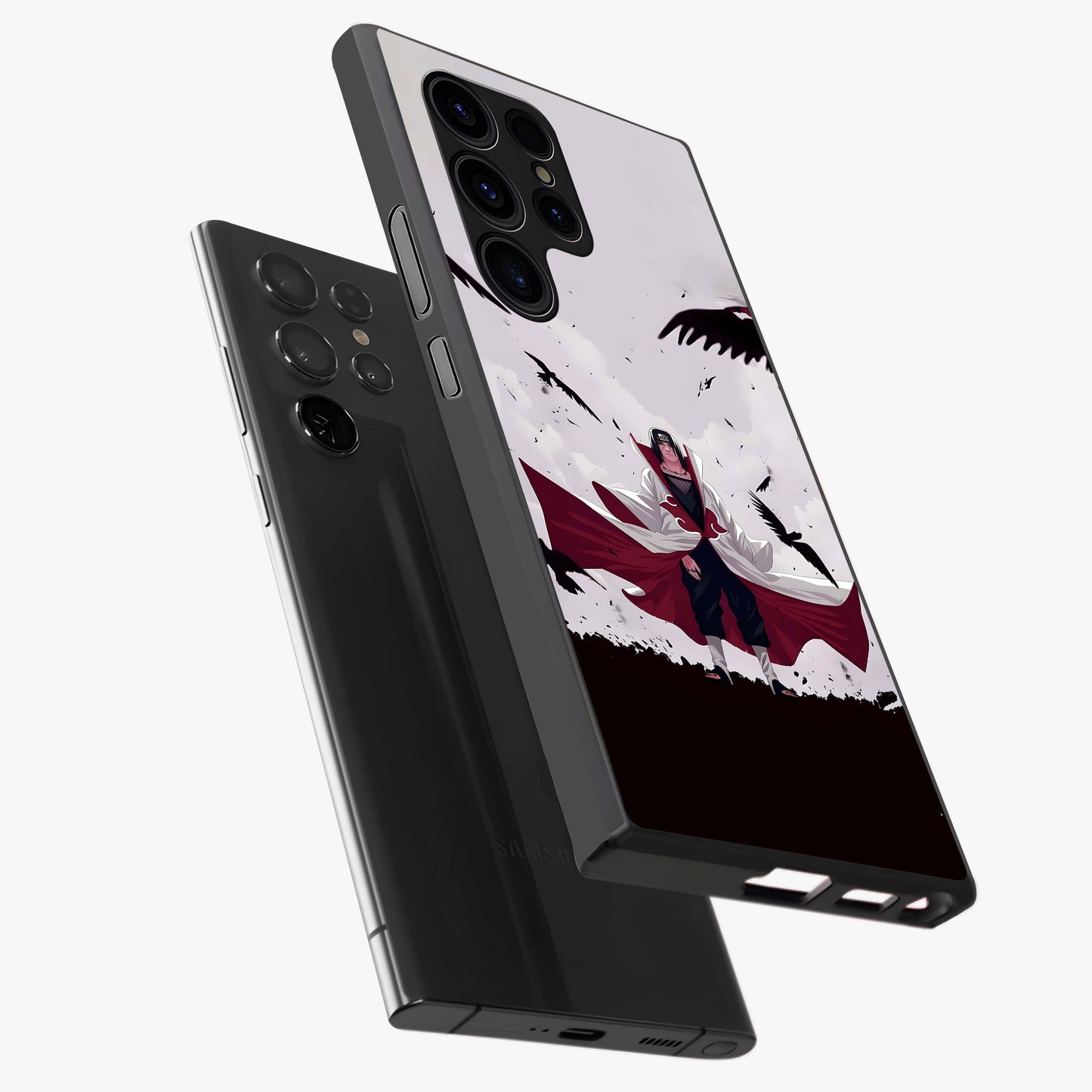 Crimson Crow Ascension Glass Case displayed in angled mockup highlighting powerful crow illustration with dark crimson aesthetic.
