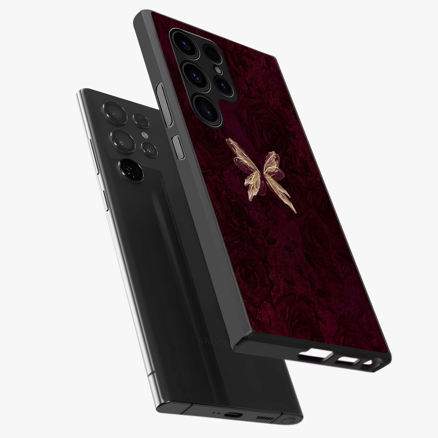 Crimson Fade Butterfly Glass Case displayed in angled mockup highlighting elegant butterfly design with crimson gradient aesthetic.