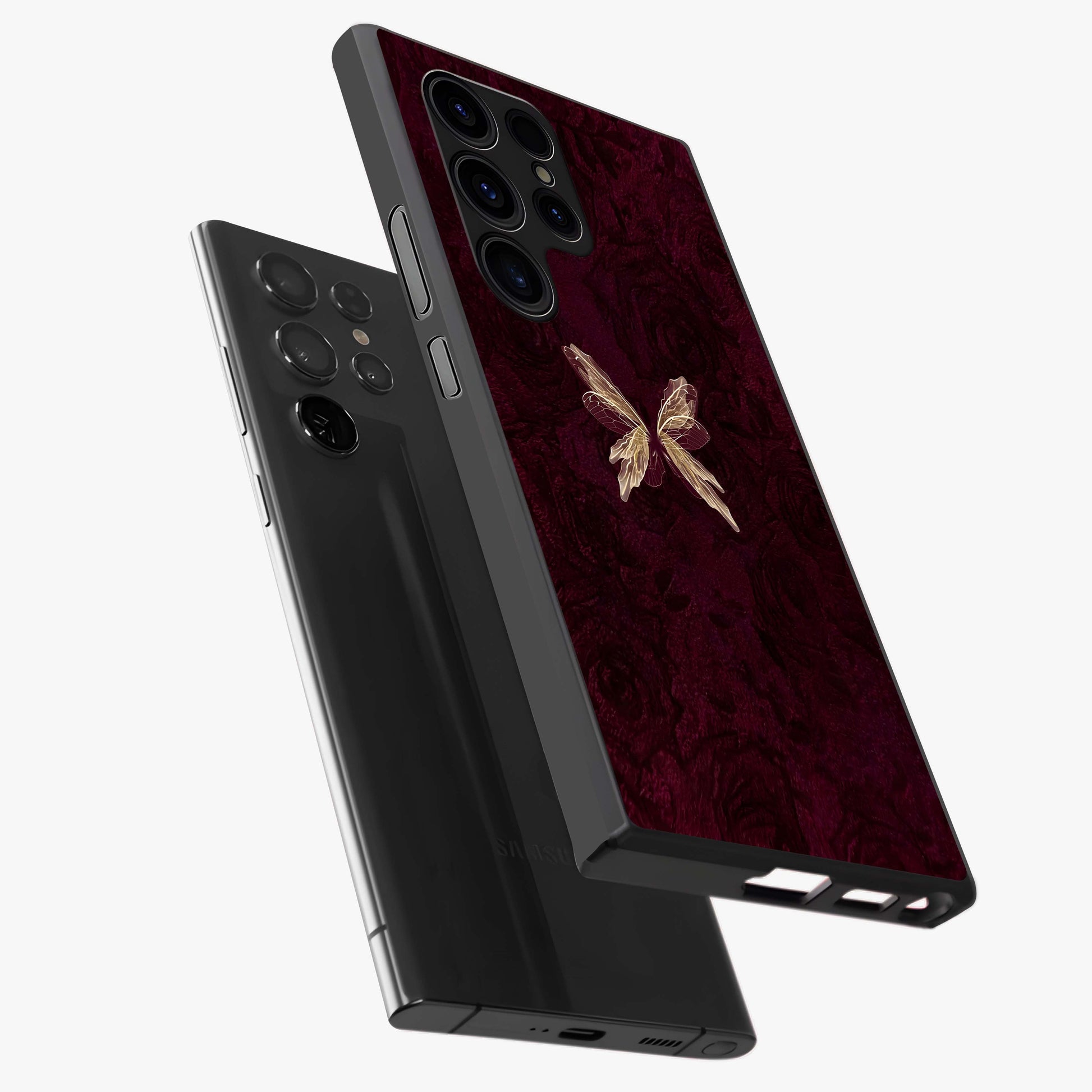 Crimson Fade Butterfly Glass Case displayed in angled mockup highlighting elegant butterfly design with crimson gradient aesthetic.