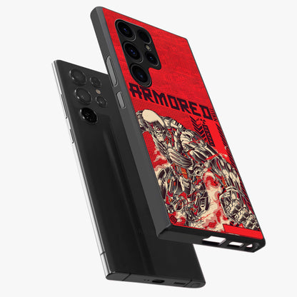Crimson Mecha Titan Glass Case displayed in angled mockup highlighting futuristic mech illustration with bold crimson aesthetic.