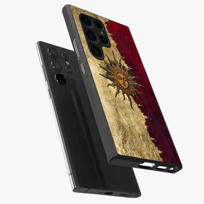 Crimson Sun Majesty Glass Case displayed in angled mockup highlighting majestic crimson sun design with bold aesthetic style.