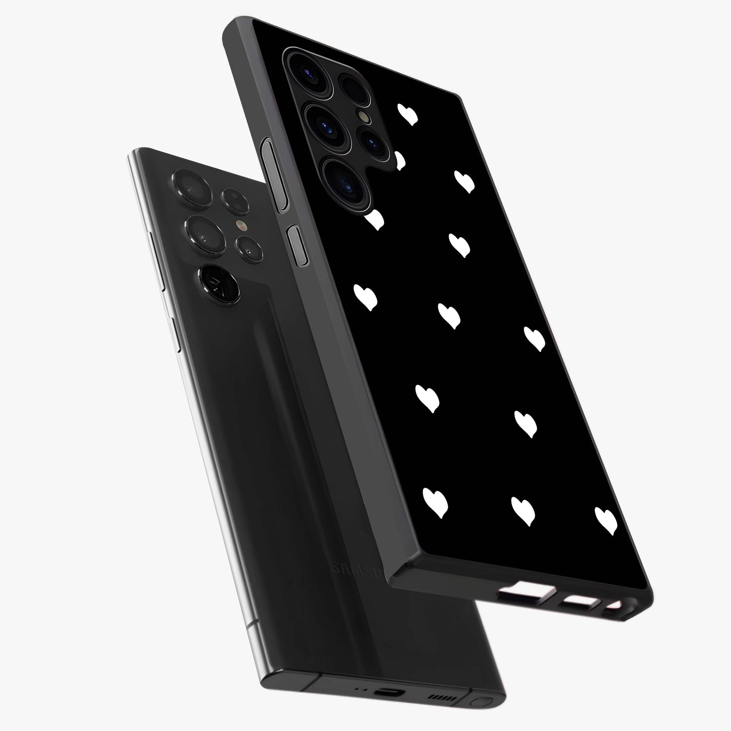 Cute And Simple White Hearts Glass Case displayed in angled mockup highlighting cute heart design with clean aesthetic style.