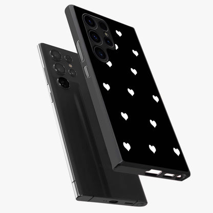 Cute And Simple White Hearts Glass Case displayed in angled mockup highlighting cute heart design with clean aesthetic style.