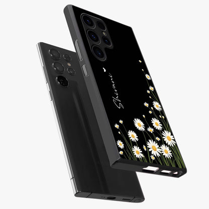 Daisy Cascade Custom Name Glass Case displayed in angled mockup highlighting delicate daisy artwork with custom name feature.