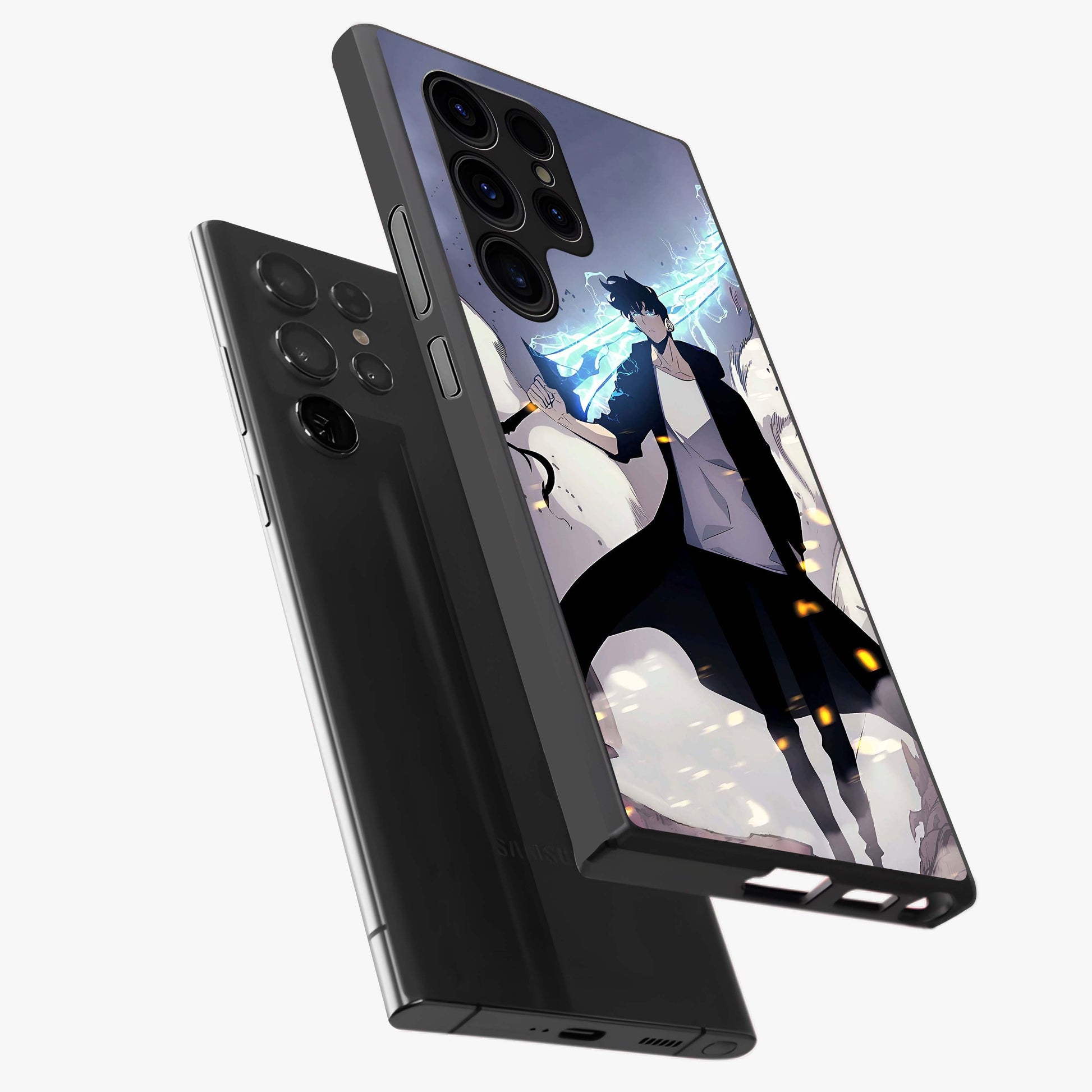 Dark Lightning Anime Warrior Glass Case displayed in angled mockup highlighting powerful lightning themed anime illustration.
