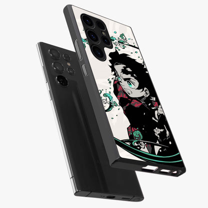 Demon Slayer Glass Case displayed in angled mockup highlighting dramatic anime character design with action aesthetic.