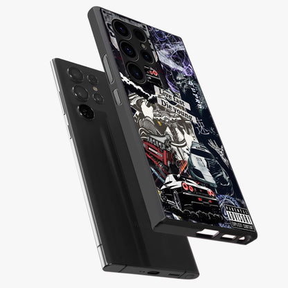 Die Young Glass Case displayed in angled mockup highlighting expressive graphic artwork with edgy aesthetic style.
