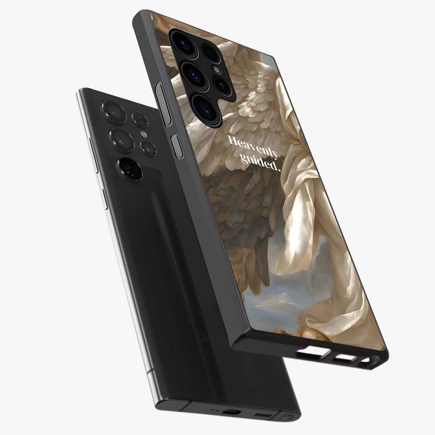 Divine Winged Grace Glass Case displayed in angled mockup highlighting graceful wing design with divine aesthetic style.