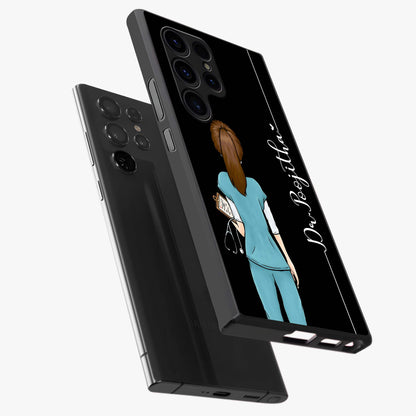 Doctor Pattern Custom Name Glass Case displayed in angled mockup highlighting doctor inspired artwork with custom name feature.