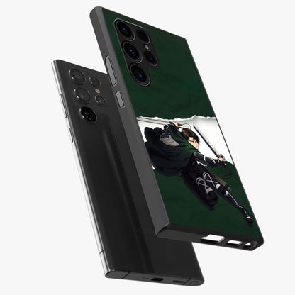 Emerald War Vanguard Glass Case displayed in angled mockup highlighting intense battle inspired design with emerald tone aesthetic.
