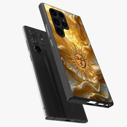 Eternal Golden Glow Glass Case displayed in angled mockup highlighting glowing golden aesthetic design with elegant style.