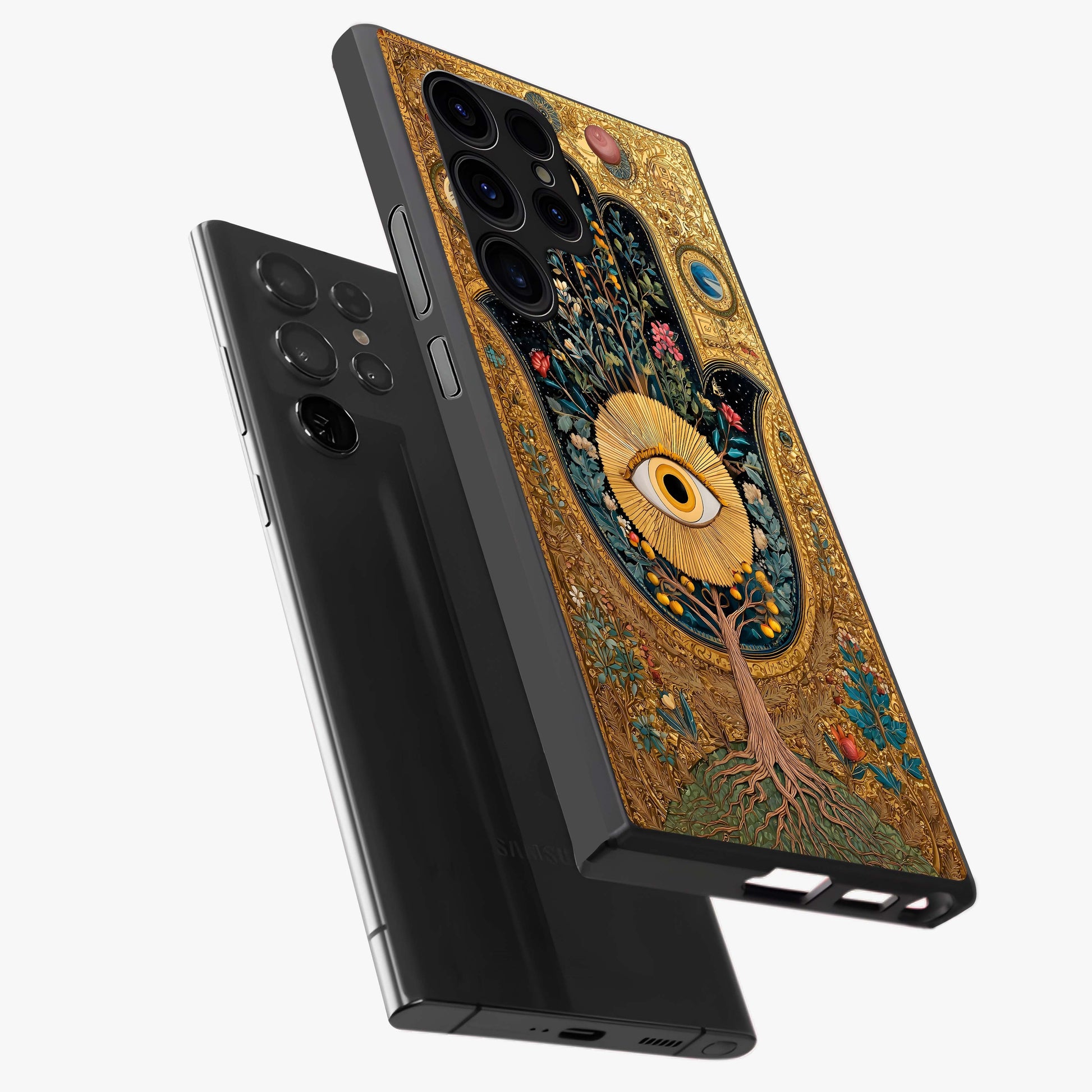 Ethereal Evil Eye Glass Case displayed in angled mockup highlighting protective evil eye symbol with spiritual aesthetic design.