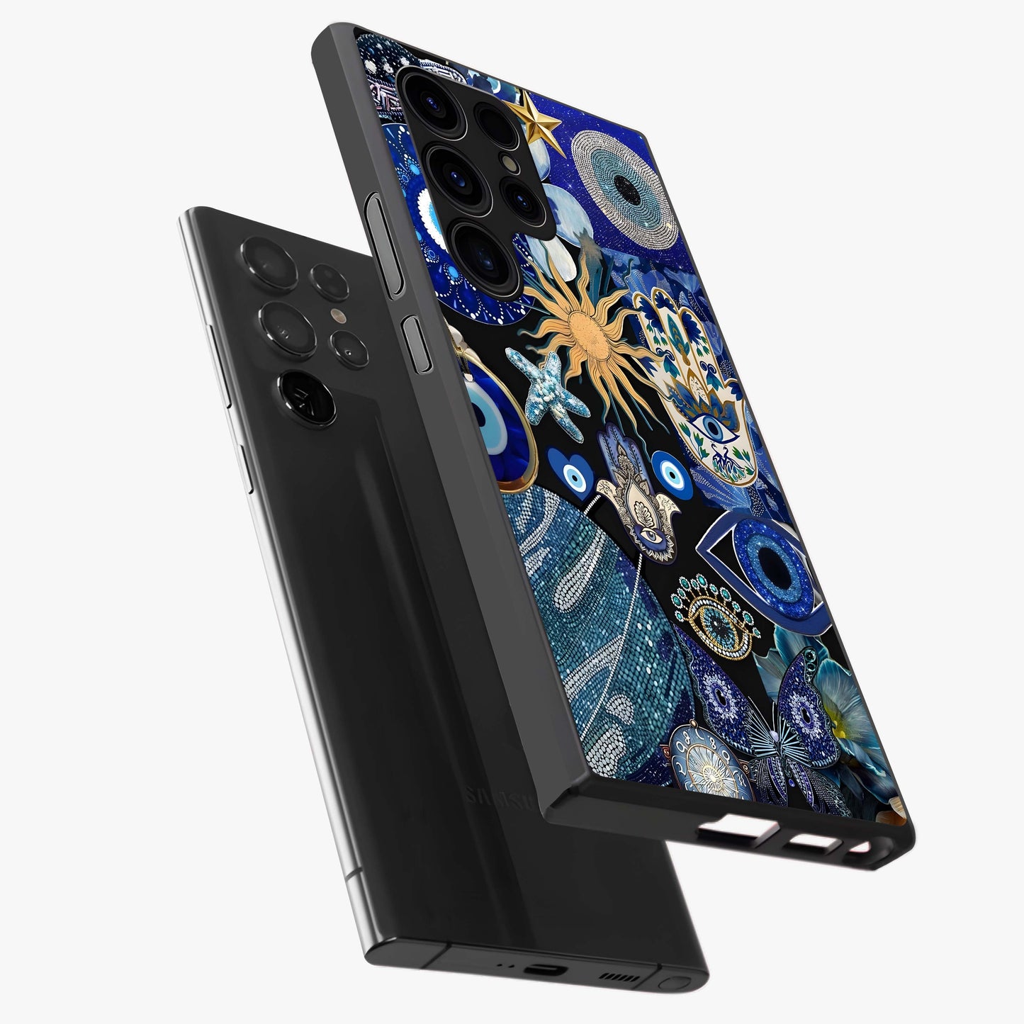 Evil Eye Charm Mix Glass Case displayed in angled mockup highlighting protective evil eye symbols with spiritual aesthetic design.