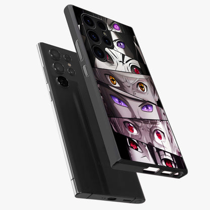 Eyes of Destiny Glass Case displayed in angled mockup highlighting bold eye illustration with mystical aesthetic style.