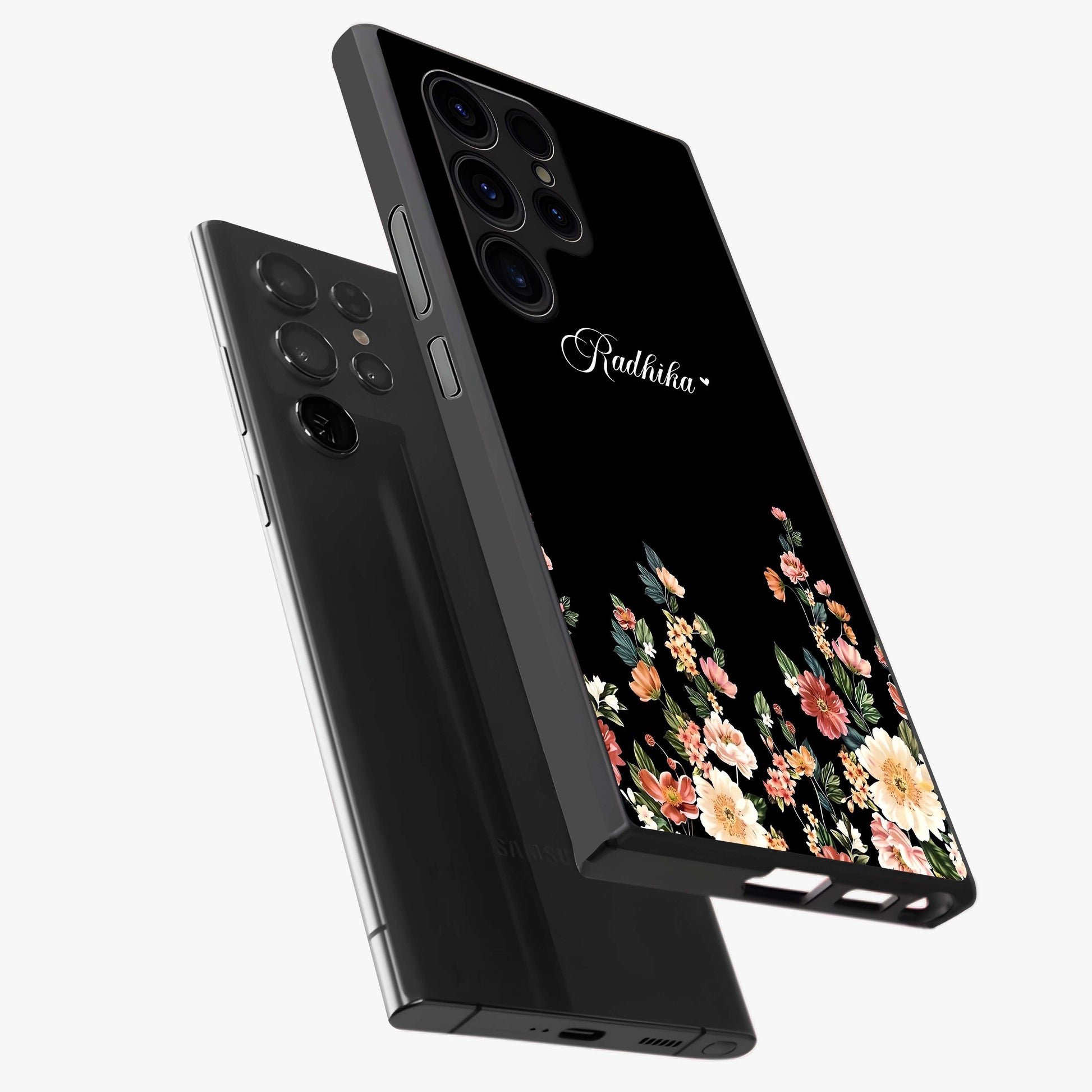 Floral Design With a Custom Personalized Name Glass Case displayed in angled mockup highlighting elegant floral pattern with custom name feature.