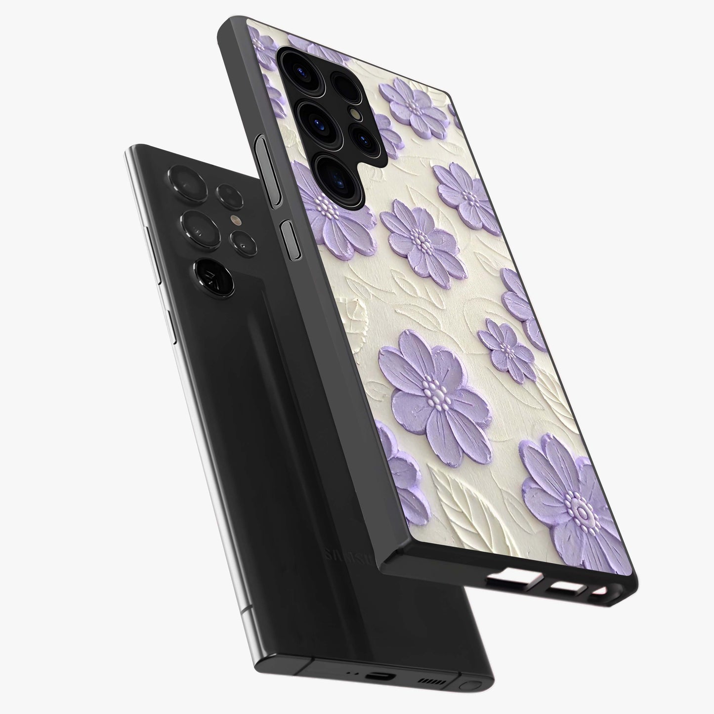 Floral Wall Art With Purple Flowers Glass Case displayed in angled mockup highlighting vibrant purple floral illustration with artistic aesthetic.