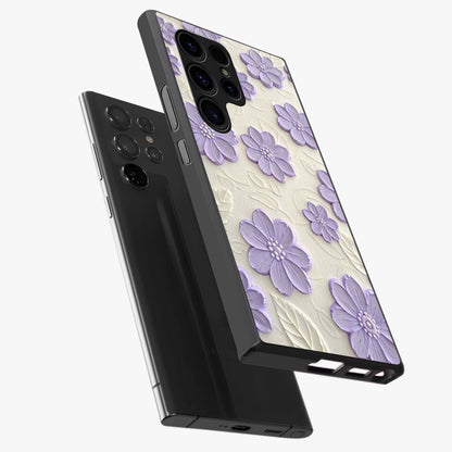 Floral Wall Art With Purple Flowers Glass Case displayed in angled mockup highlighting vibrant purple floral illustration with artistic aesthetic.
