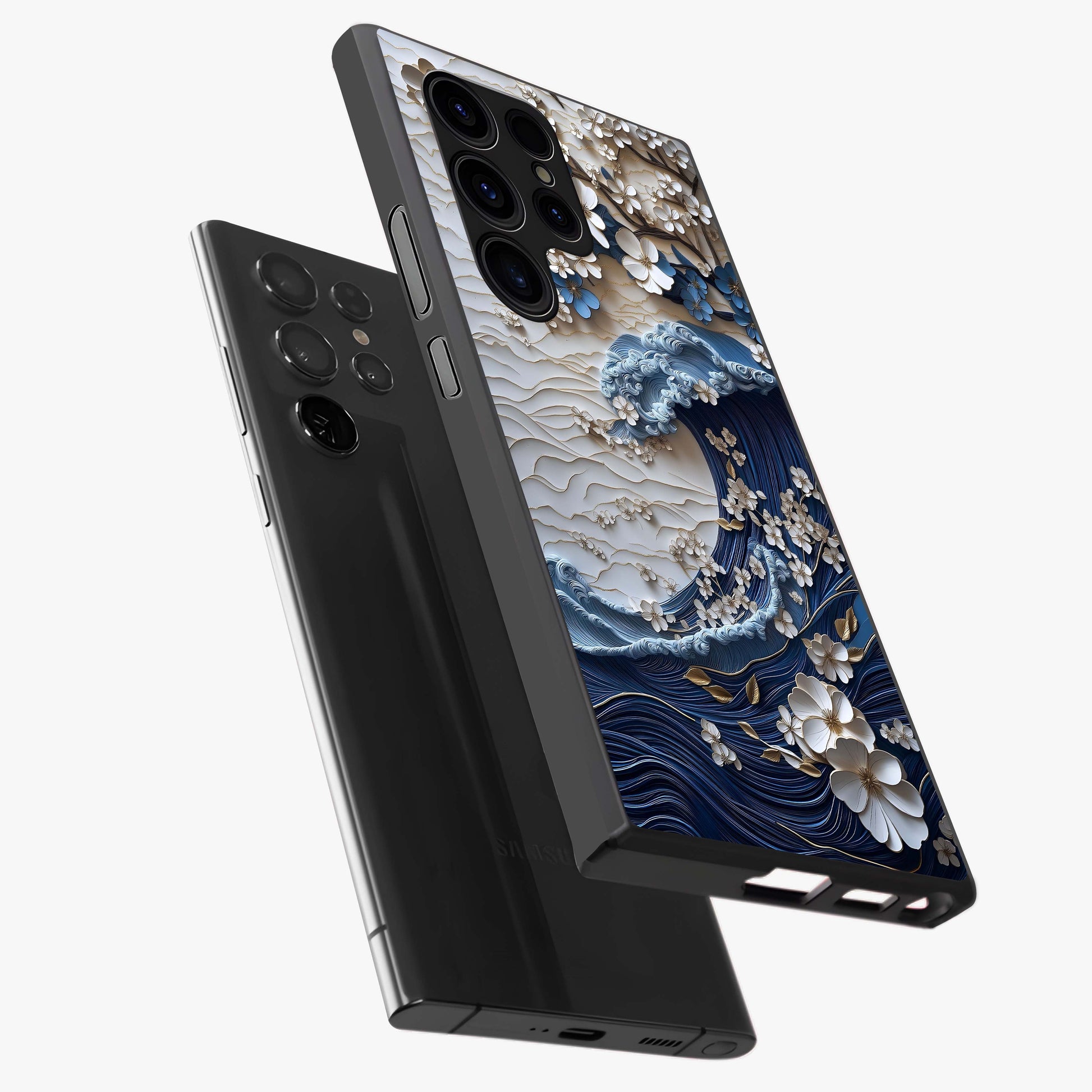 Floral Wave Origami Glass Case displayed in angled mockup highlighting geometric origami flower design with modern aesthetic style.