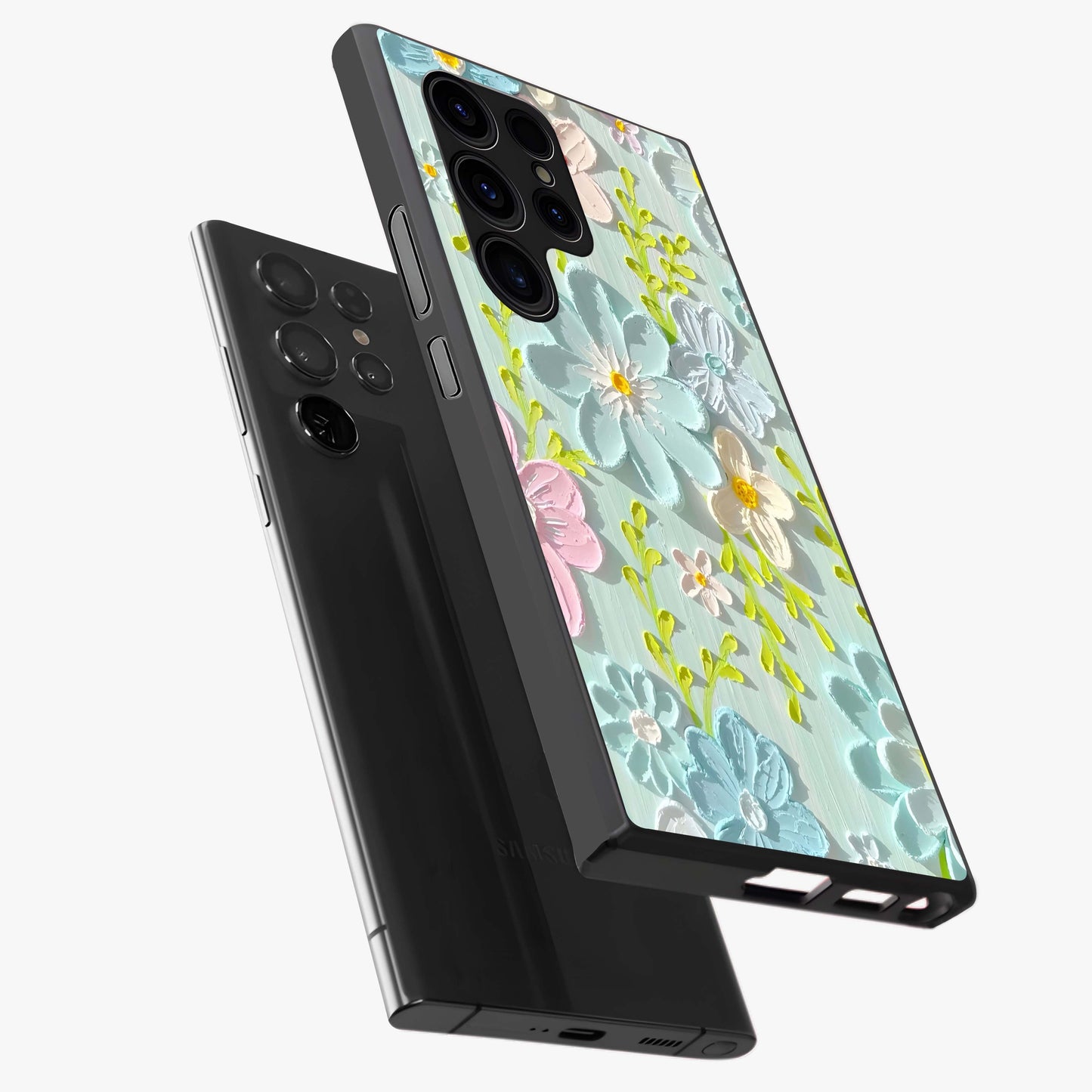 Frosted Petal Garden Glass Case displayed in angled mockup highlighting delicate flower petal design with calm garden aesthetic.