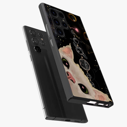 Galactic Cat Glass Case displayed in angled mockup highlighting celestial feline illustration with galaxy aesthetic style.