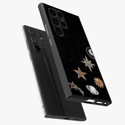Galactic Charm Glow Glass Case displayed in angled mockup highlighting luminous galaxy inspired design with dreamy aesthetic.
