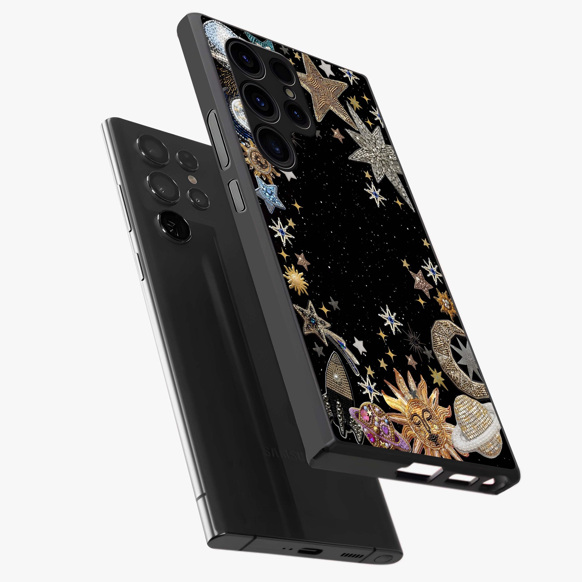 Galactic Jewel Stars Glass Case displayed in angled mockup highlighting shining celestial star design with cosmic aesthetic style.