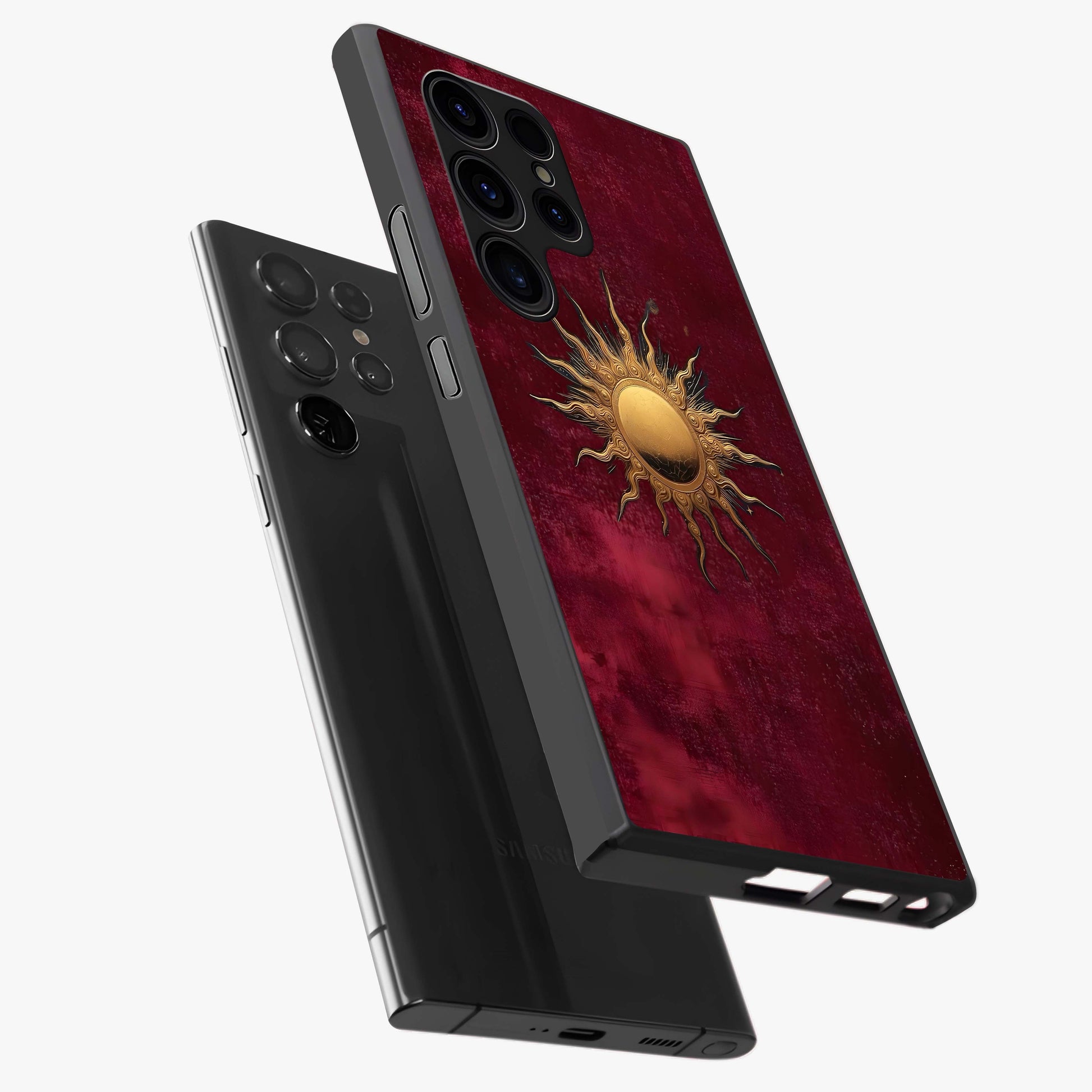 Golden Sun Minimalism Glass Case displayed in angled mockup highlighting clean sun symbol design with modern minimal aesthetic.