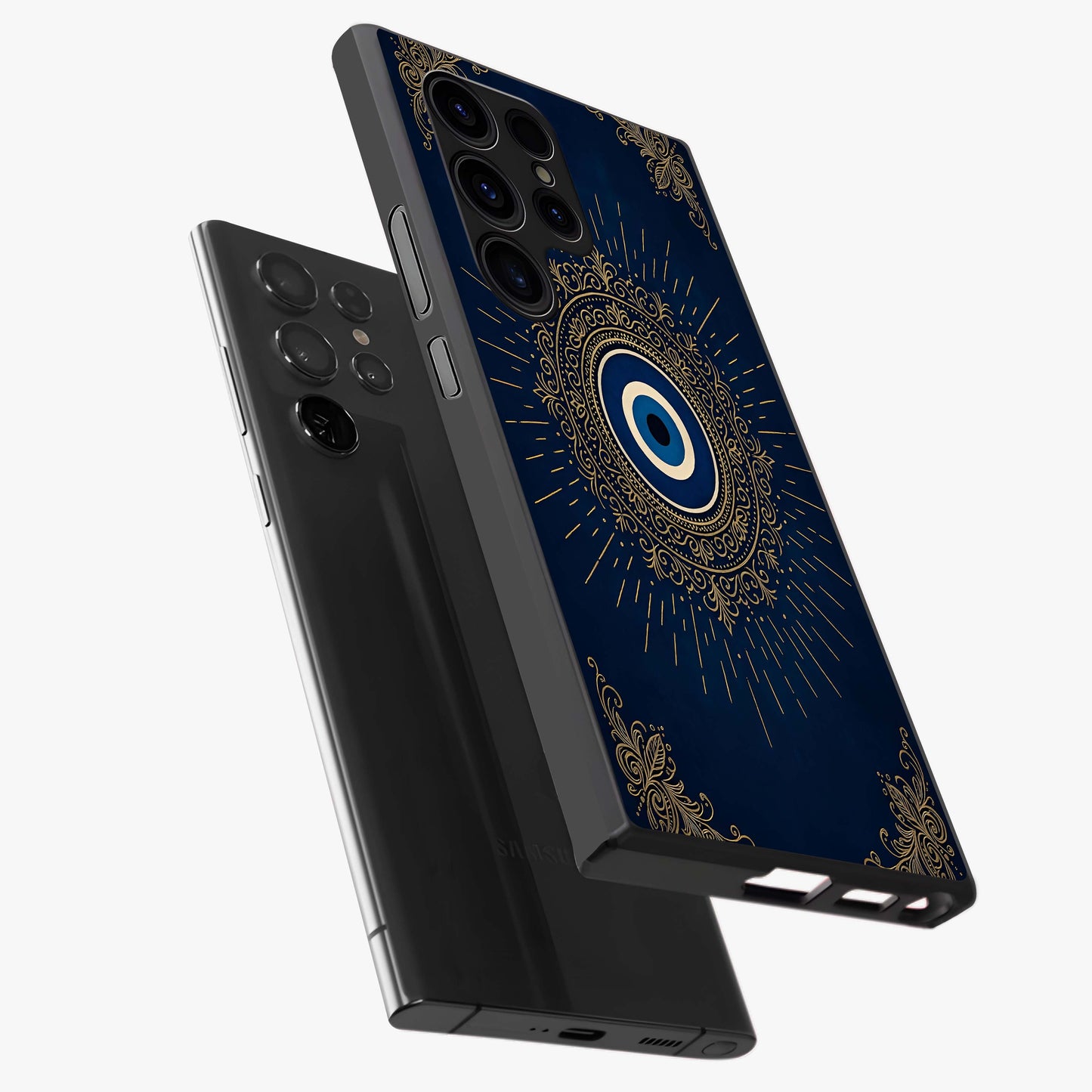 Golden Celestial Charm Glass Case displayed in angled mockup highlighting sparkling cosmic charm design with celestial aesthetic.