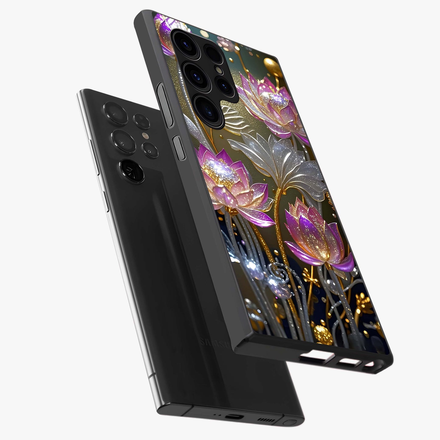 Golden Floral Majesty Glass Case displayed in angled mockup highlighting elegant flower design with royal golden aesthetic.