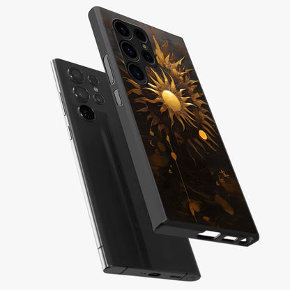 Golden Sun Majesty Glass Case displayed in angled mockup highlighting eerie shadow illustration with gothic aesthetic.