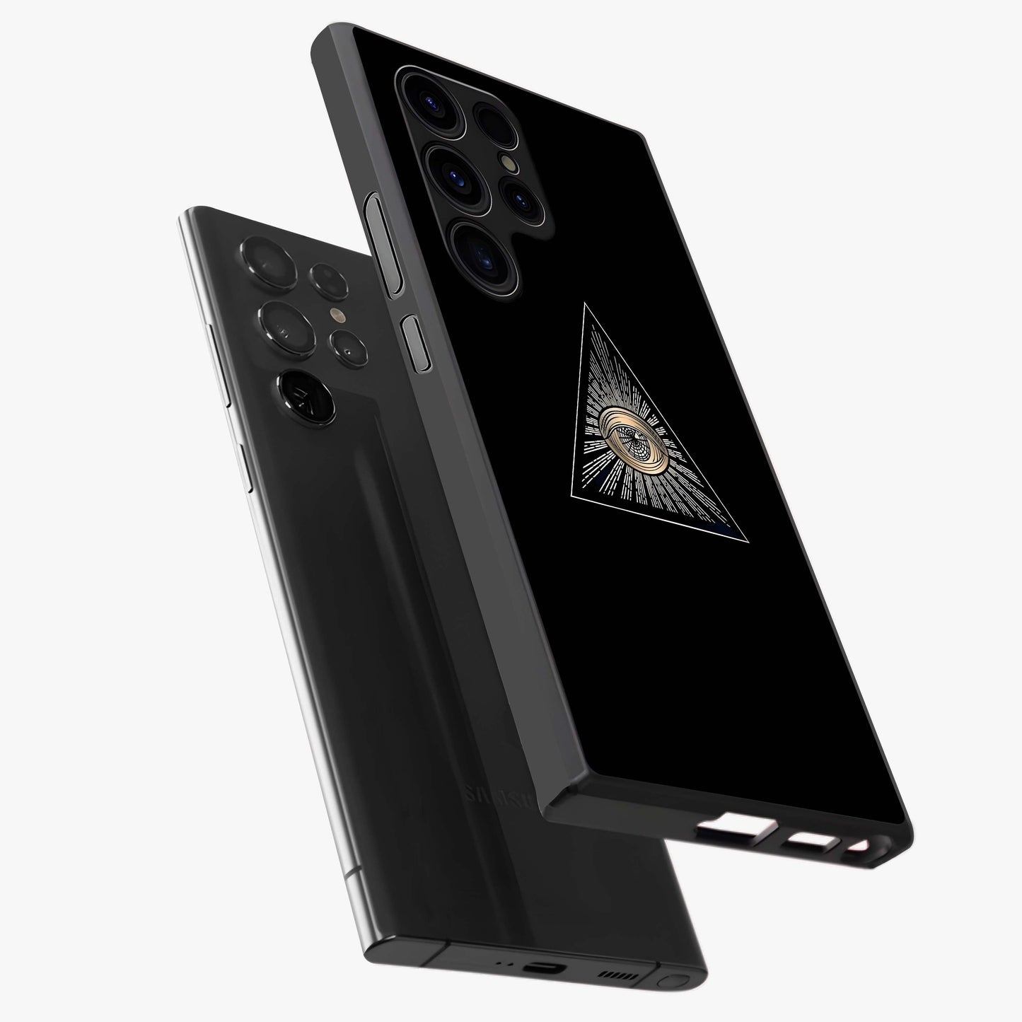 Illuminati Evil Glass Case displayed in angled mockup highlighting dark occult inspired design with bold aesthetic style.