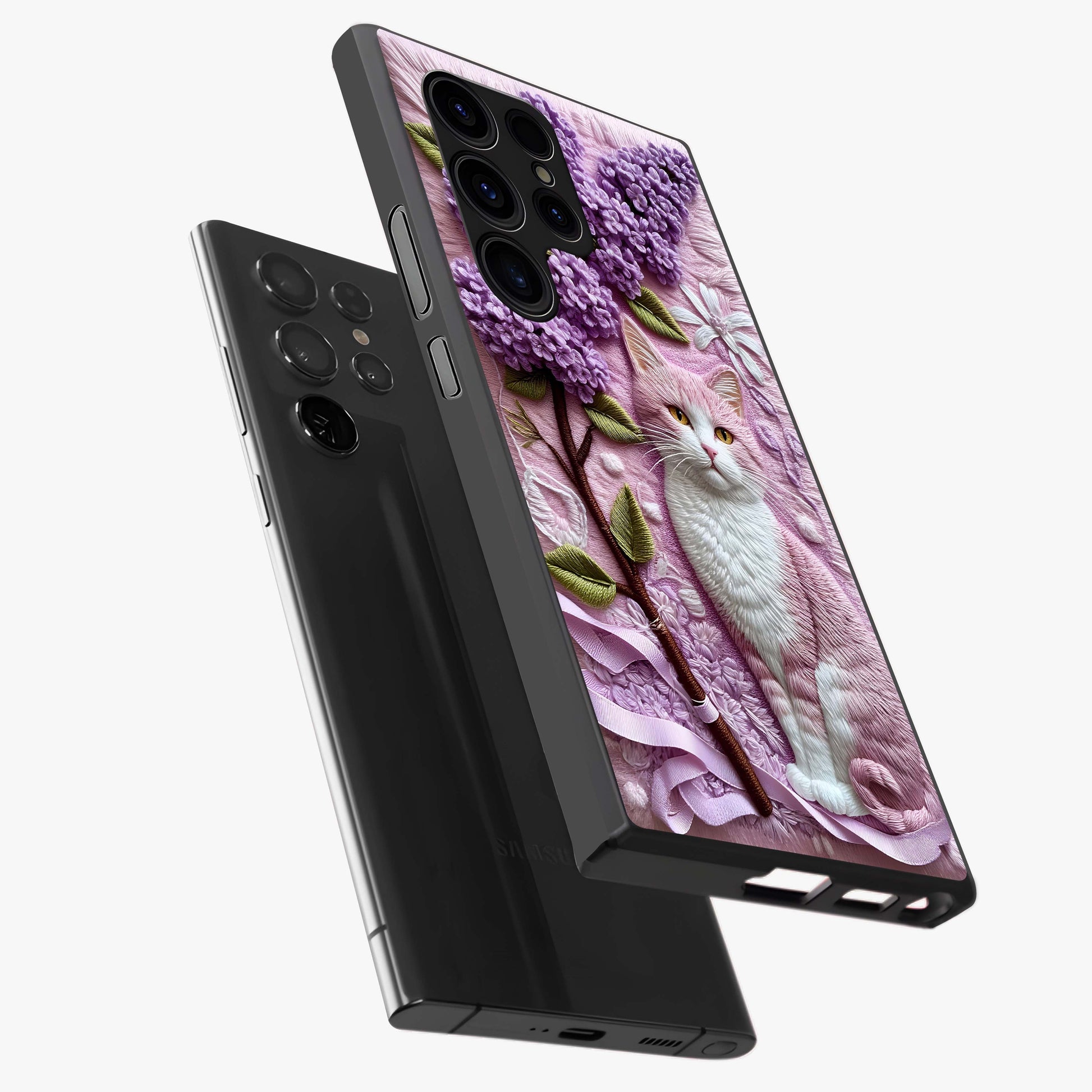 Lavender Cat Whimsy Glass Case displayed in angled mockup highlighting playful feline illustration with pastel lavender aesthetic.
