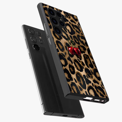 Leopard Wild Cherry Glass Case displayed in angled mockup highlighting bold animal print design with playful cherry aesthetic.