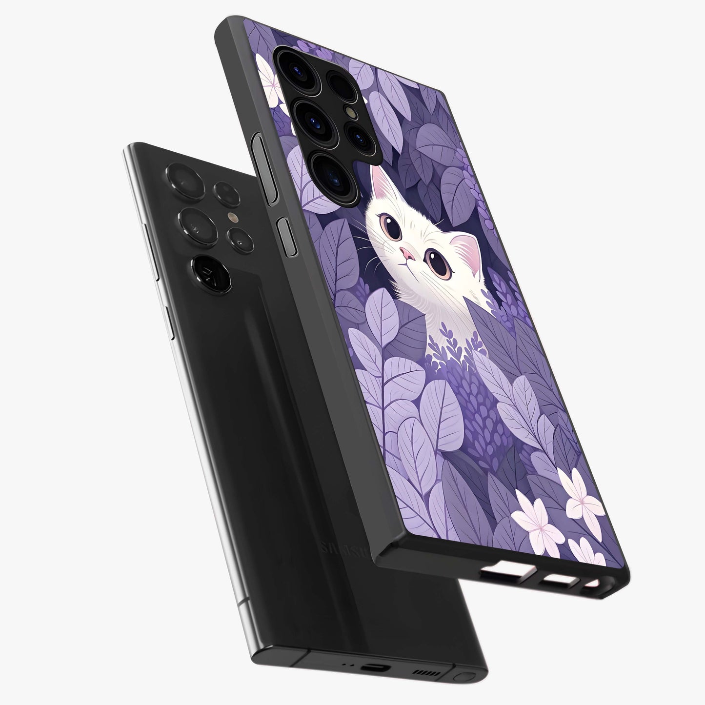 Lilac Hide Peek Cat Glass Case displayed in angled mockup highlighting playful feline illustration with lilac aesthetic design.