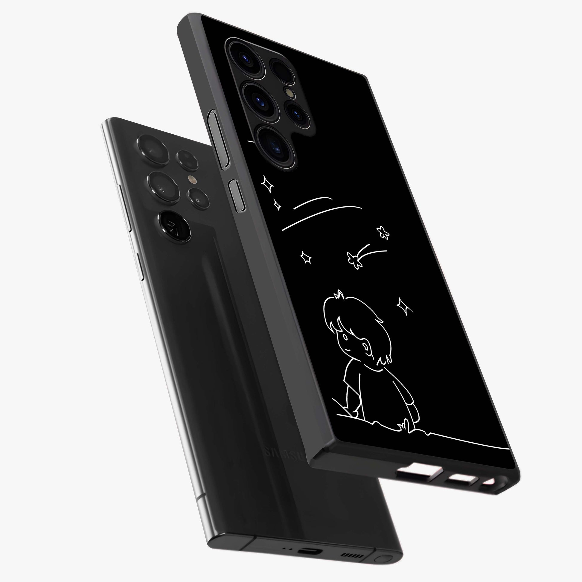 Line Art Boy With Shooting Stars Glass Case displayed in angled mockup highlighting elegant line art design with dreamy star aesthetic.