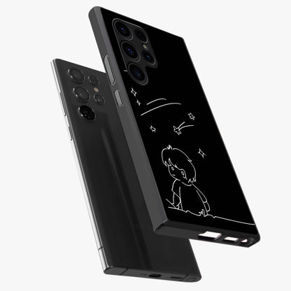 Line Art Boy With Shooting Stars Glass Case displayed in angled mockup highlighting elegant line art design with dreamy star aesthetic.