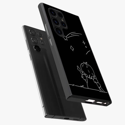 Line Art Girl With Shooting Stars Glass Case displayed in angled mockup highlighting elegant line art design with dreamy star aesthetic.
