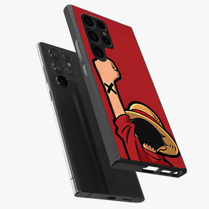 Luffy X Spirit Glass Case displayed in angled mockup highlighting powerful anime design with energetic action aesthetic.