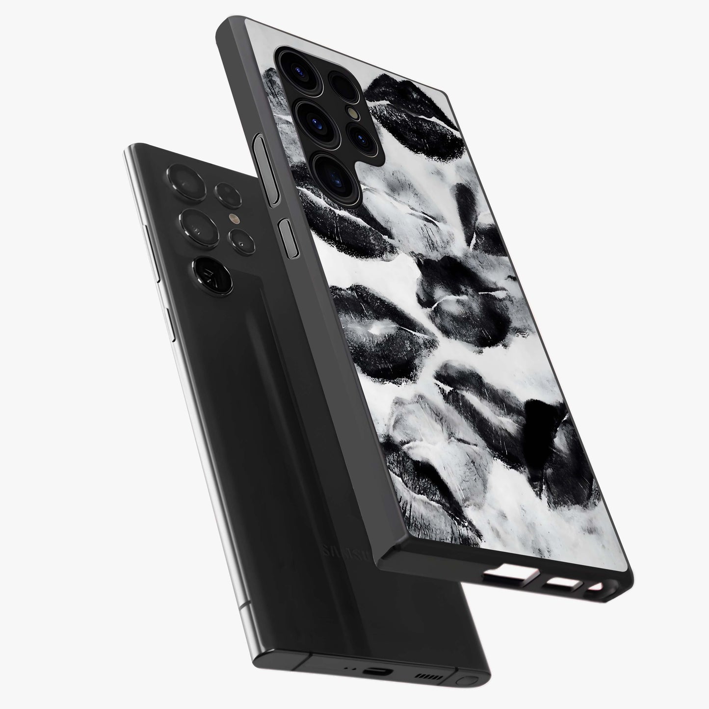 Midnight Kiss Marks Glass Case displayed in angled mockup highlighting playful romantic design with bold midnight aesthetic.