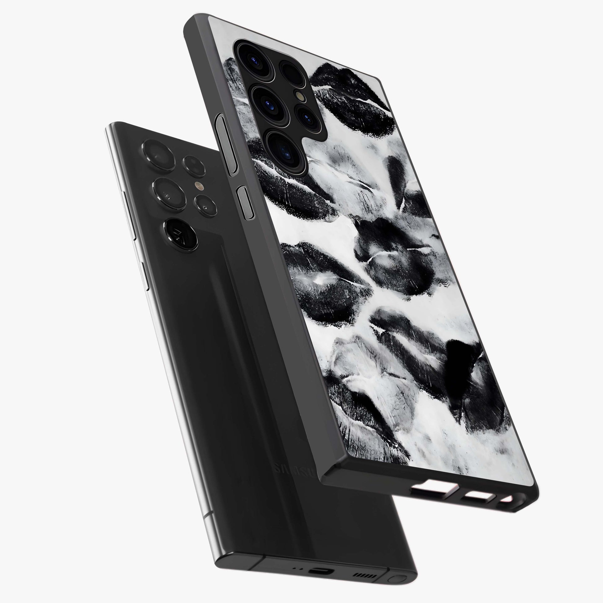 Midnight Kiss Marks Glass Case displayed in angled mockup highlighting playful romantic design with bold midnight aesthetic.