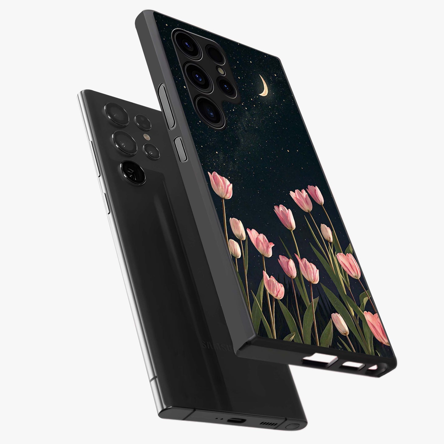 Midnight Tulip Whispers Vibe Glass Case displayed in angled mockup highlighting delicate tulip design with midnight floral aesthetic.