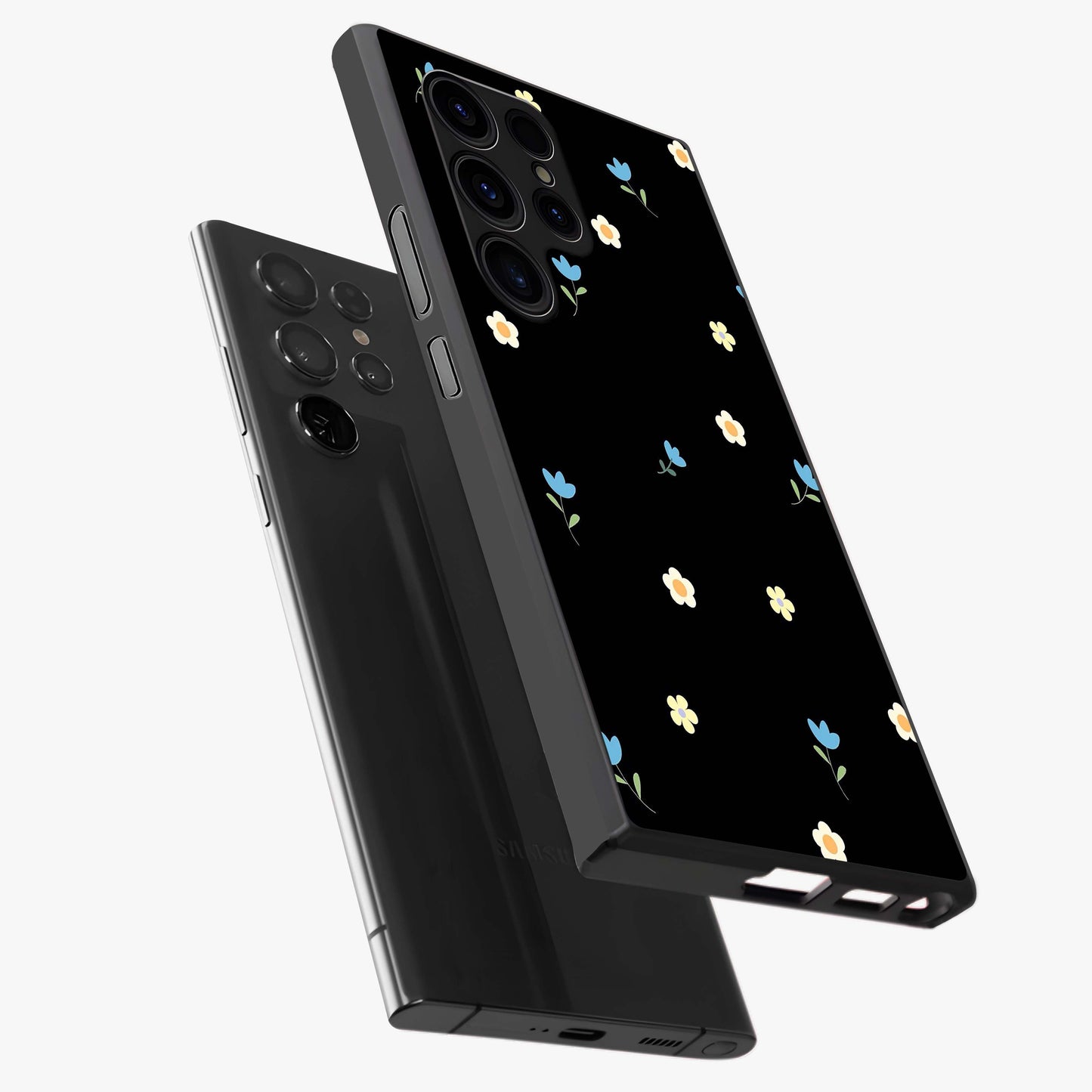 Minimal Petal Whispers Glass Case displayed in angled mockup highlighting delicate petal design with clean minimal aesthetic.