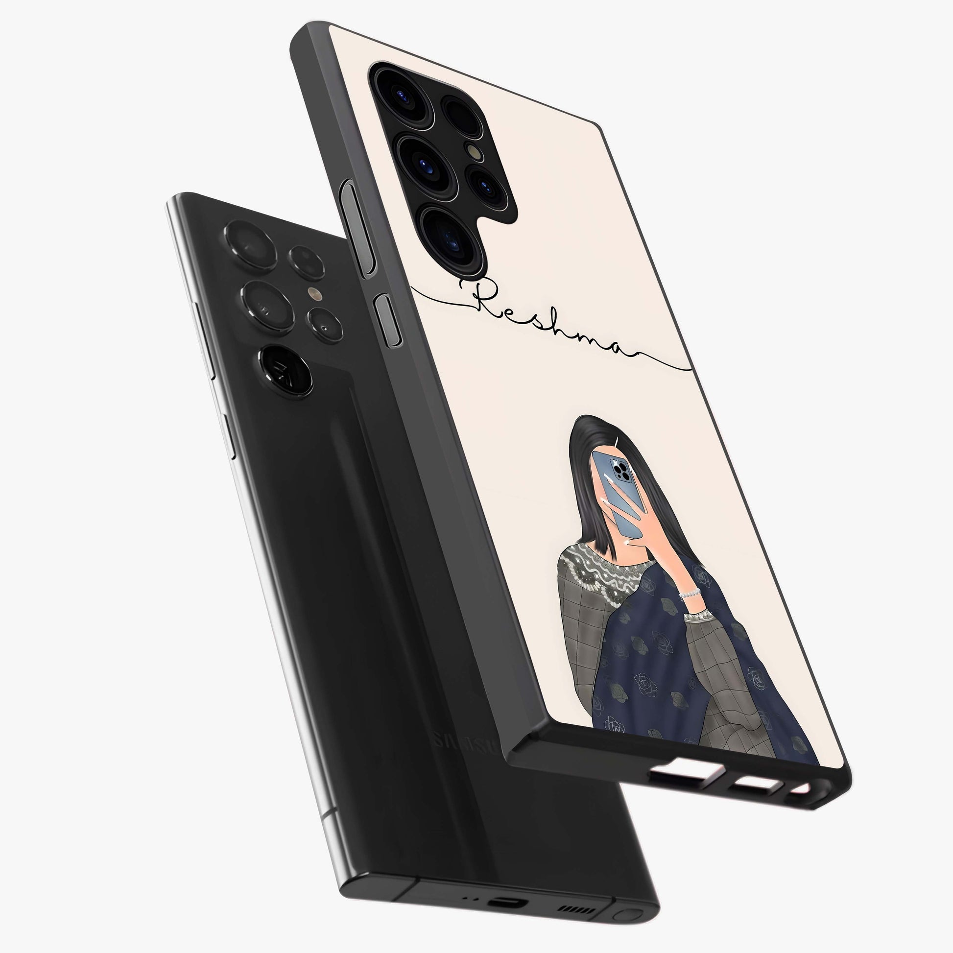 Mirror Mood Muse With Custom Name Glass Case displayed in angled mockup highlighting aesthetic mirror inspired design with custom name feature.