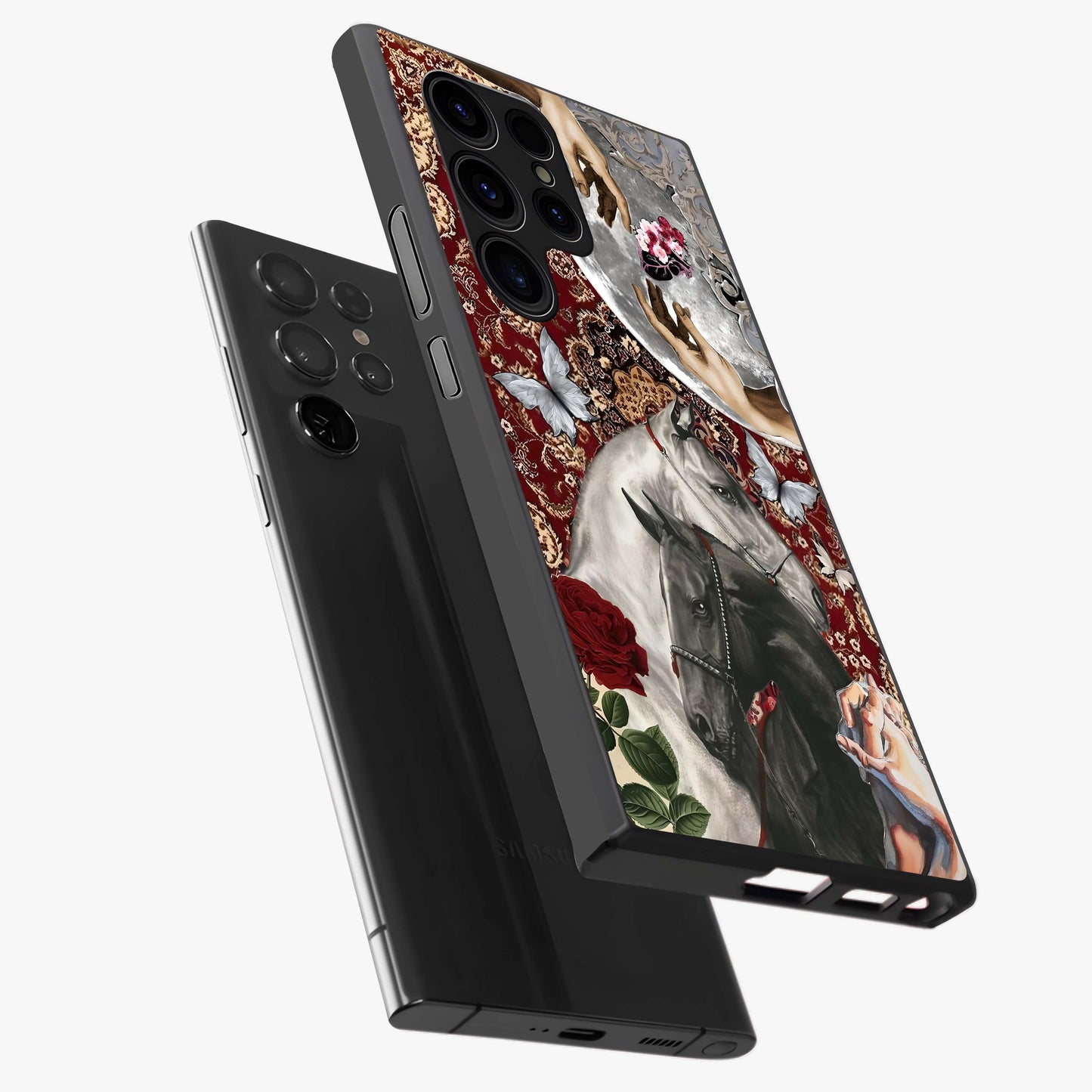 Moonlit Royal Stallion Glass Case displayed in angled mockup highlighting powerful stallion illustration with royal night aesthetic.