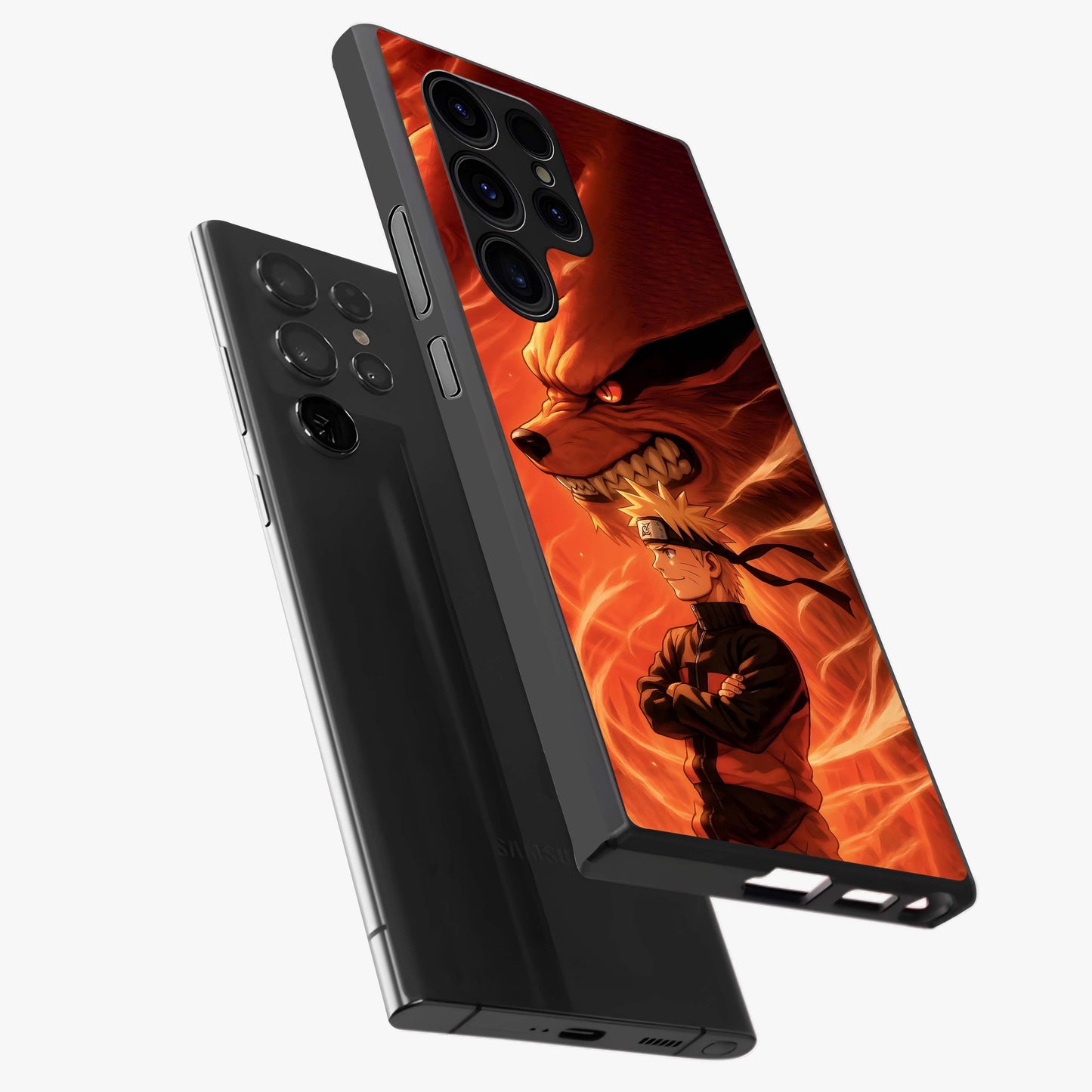 Nine Tails Legacy Glass Case displayed in angled mockup highlighting dynamic anime beast illustration with bold mystical aesthetic.