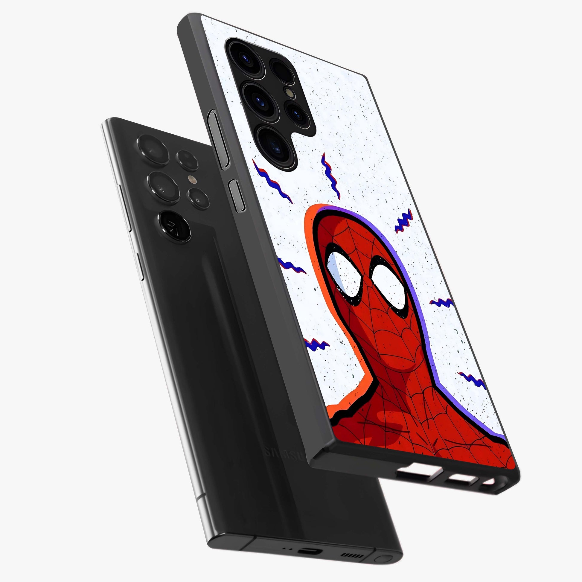 Omg Spiderman Glass Case displayed in angled mockup highlighting dynamic hero illustration with action comic aesthetic.
