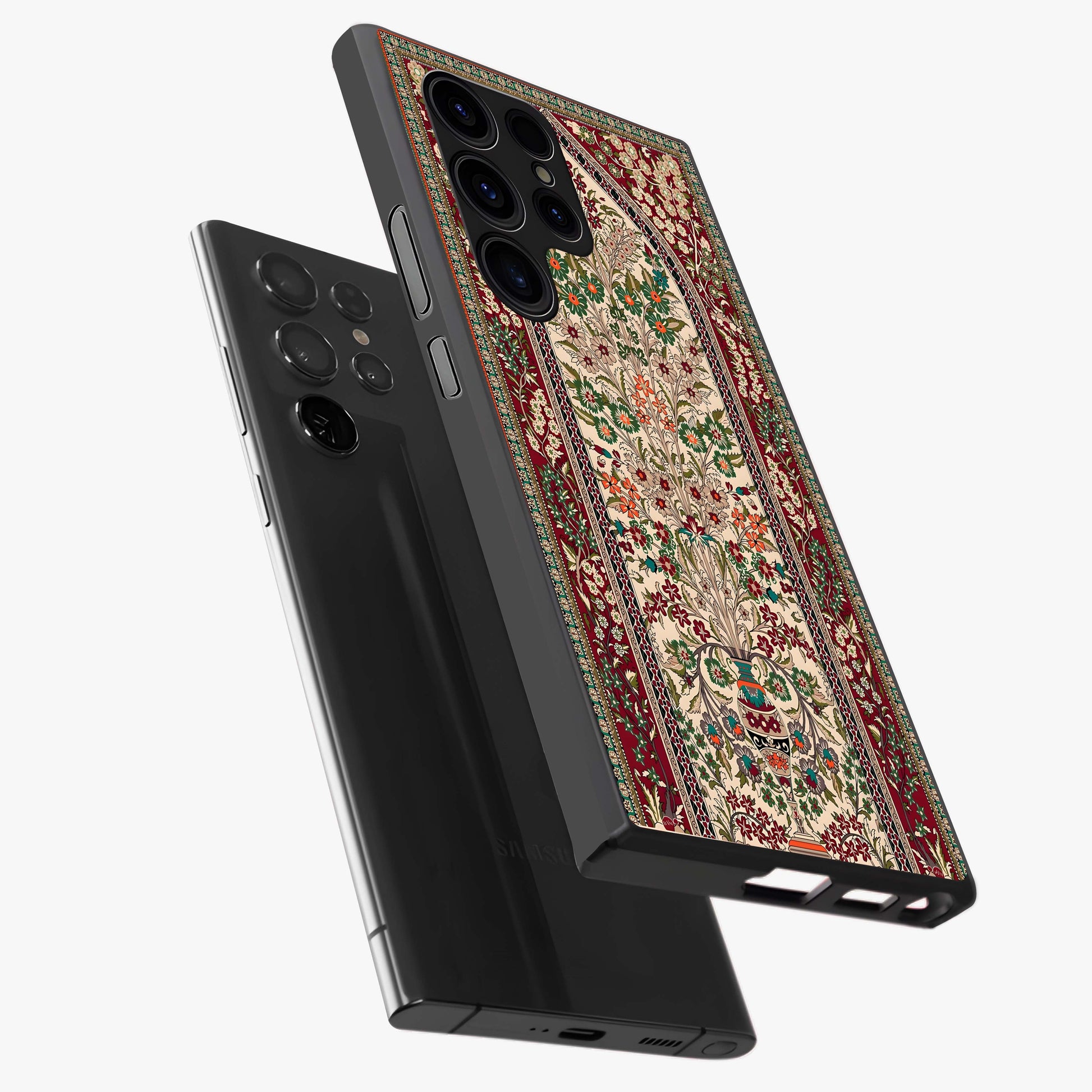 Persian Inspired Glass Case displayed in angled mockup highlighting intricate traditional design with elegant cultural aesthetic.