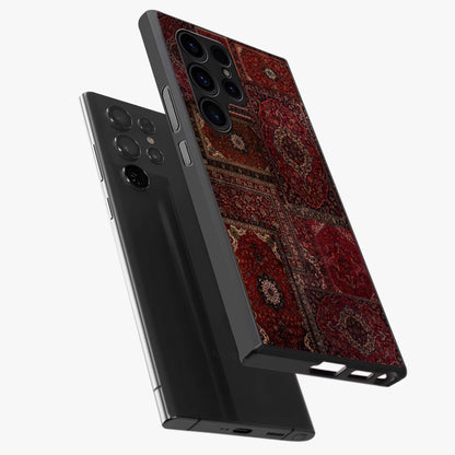 Persian Velvet Tale Glass Case displayed in angled mockup highlighting ornate textile inspired design with royal aesthetic.